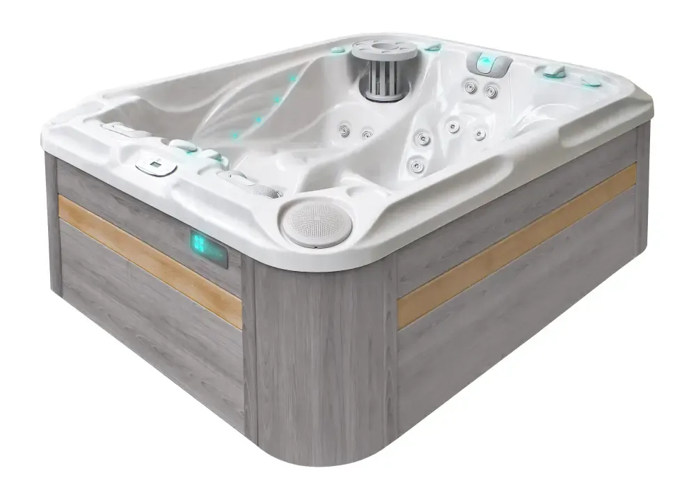 PassionSpa Soulmate vitvarmbad med grå träpaneler och ljusblå LED-belysning PassionSpa Soulmate vitvarmbad med grå träpaneler och ljusblå LED-belysning